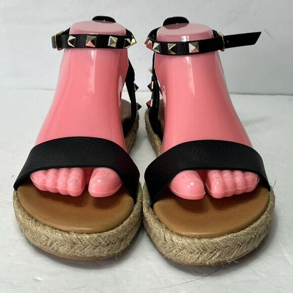 Steve Madden Sandal Womens 8 Black Studded Leather Ankle Strap Espadrille Buckle - Picture 10 of 10